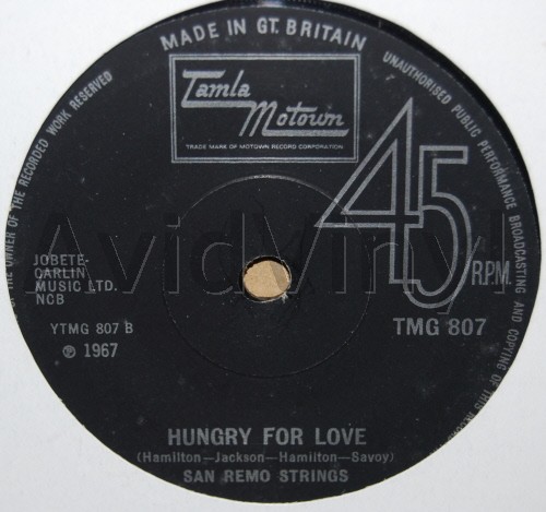 SAN REMO STRINGS — HUNGRY FOR LOVE / REACH OUT I'LL BE THERE record label scan