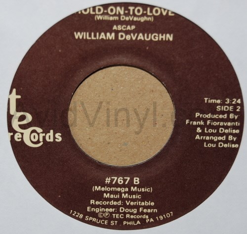 WILLIAM DEVAUGHN — HOLD ON TO LOVE / FIGURES CAN'T CALCULATE record label scan