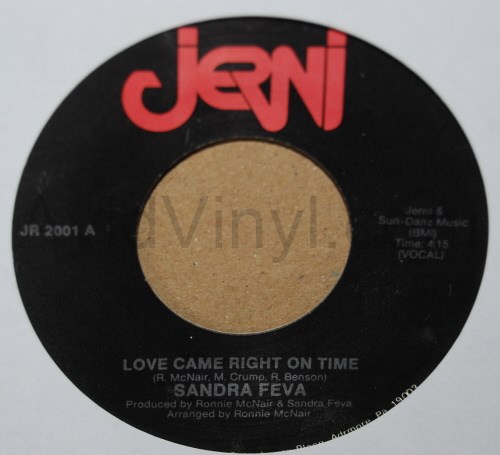 SANDRA FEVA — LOVE CAME RIGHT ON TIME / INSTRUMENTAL record label scan