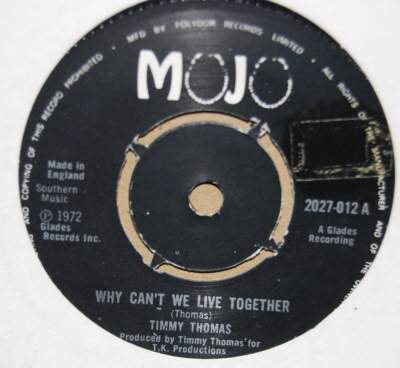 TIMMY THOMAS — WHY CAN'T WE LIVE TOGETHER / FUNKY ME record label scan