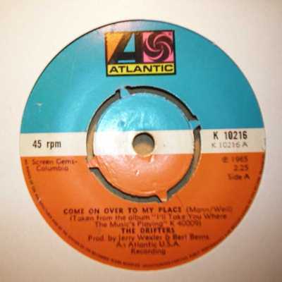 DRIFTERS — COME ON OVER TO MY PLACE / UP ON THE ROOF / I DON'T WANT TO GO ON WITHOUT YOU record label scan