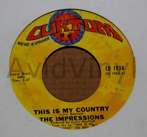 IMPRESSIONS — THIS IS MY COUNTRY / MY WOMANS LOVE record label scan