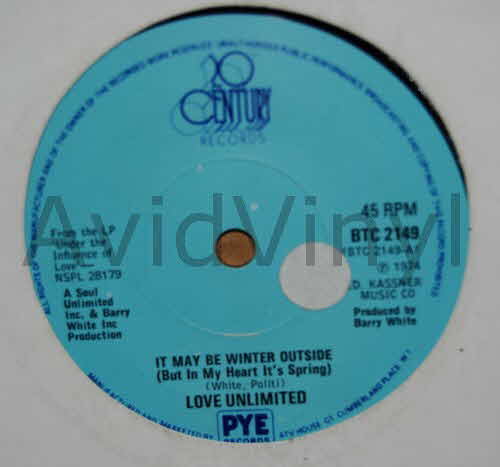 LOVE UNLIMITED — IT MAY BE WINTER OUTSIDE / I LOVE YOU SO , NEVER LET YOU GO record label scan