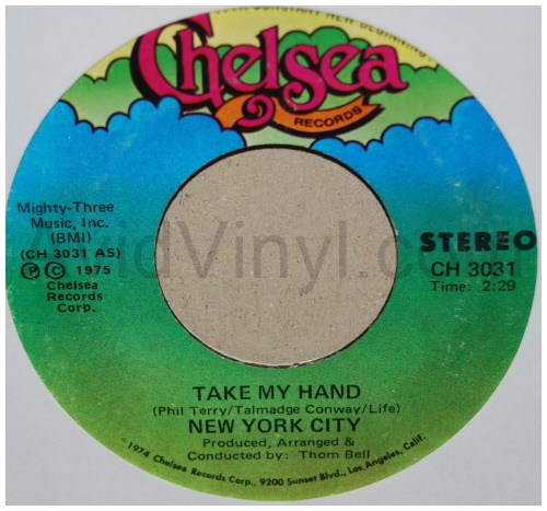 NEW YORK CITY — TAKE MY HAND / CAN'T SURVIVE WITHOUT MY SWEETHEART record label scan
