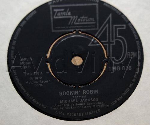 MICHAEL JACKSON — ROCKIN' ROBIN / LOVE IS HERE NOW YOU'RE GONE record label scan