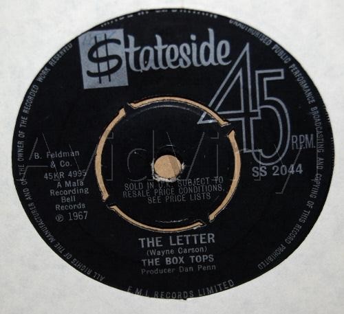 BOX TOPS — THE LETTER / HAPPY TIMES record label scan