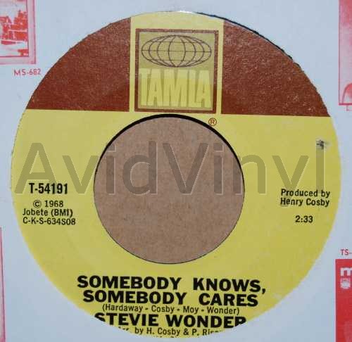 STEVIE WONDER — SOMEBODY KNOWS, SOMEBODY CARES / NEVER HAD A DREAM COME TRUE record label scan