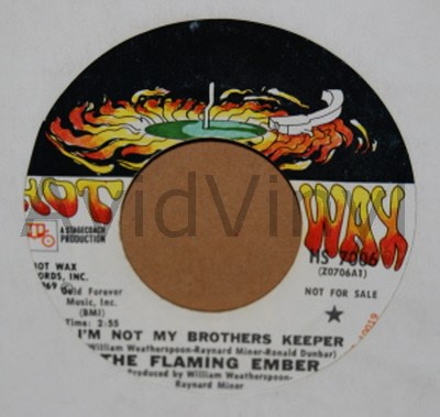 FLAMING EMBERS — I'M NOT MY BROTHERS KEEPER / DESERTED VILLAGE record label scan