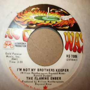 FLAMING EMBERS — I'M NOT MY BROTHERS KEEPER / DESERTED VILLAGE record label scan