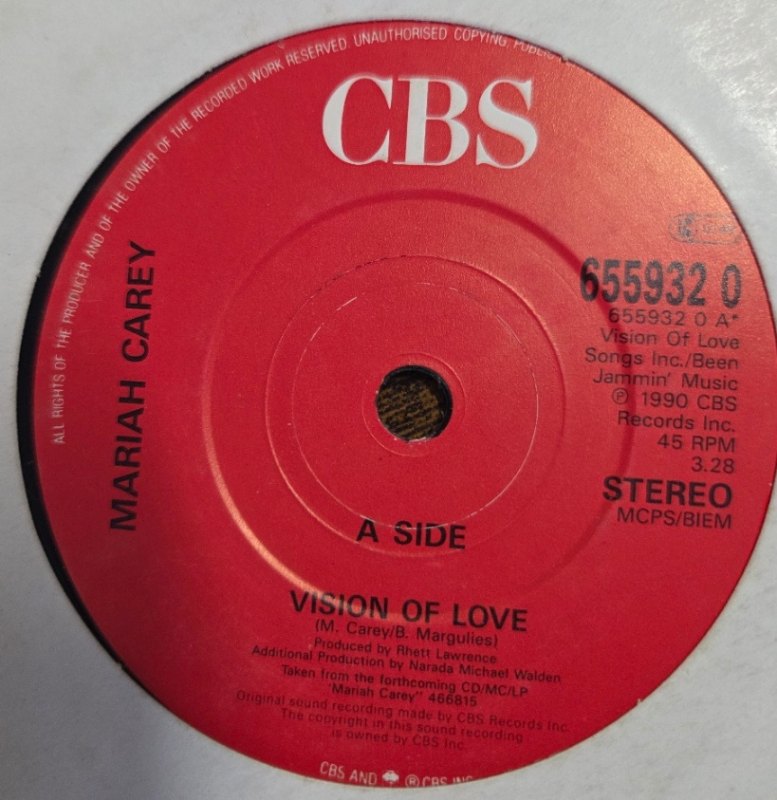 MARIAH CAREY — VISION OF LOVE / SENT FROM UP ABOVE record label scan
