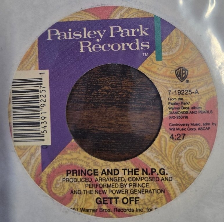 PRINCE AND THE N.P.G. — GETT OFF / HORNY PONY record label scan