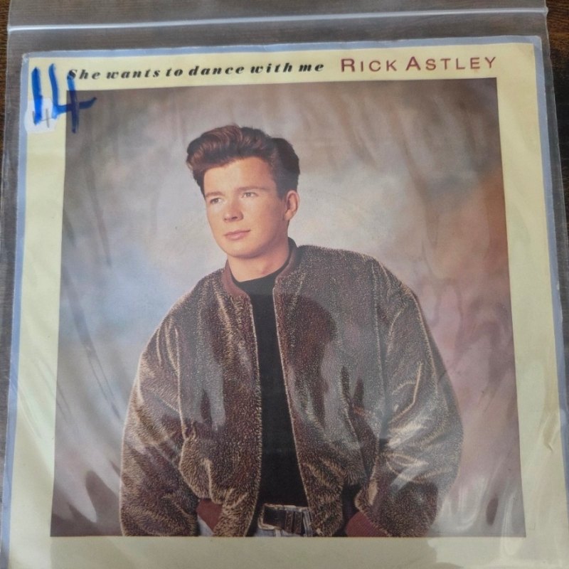 RICK ASTLEY — SHE WANT'S TO DANCE WITH ME / INSTRUMENTAL record label scan
