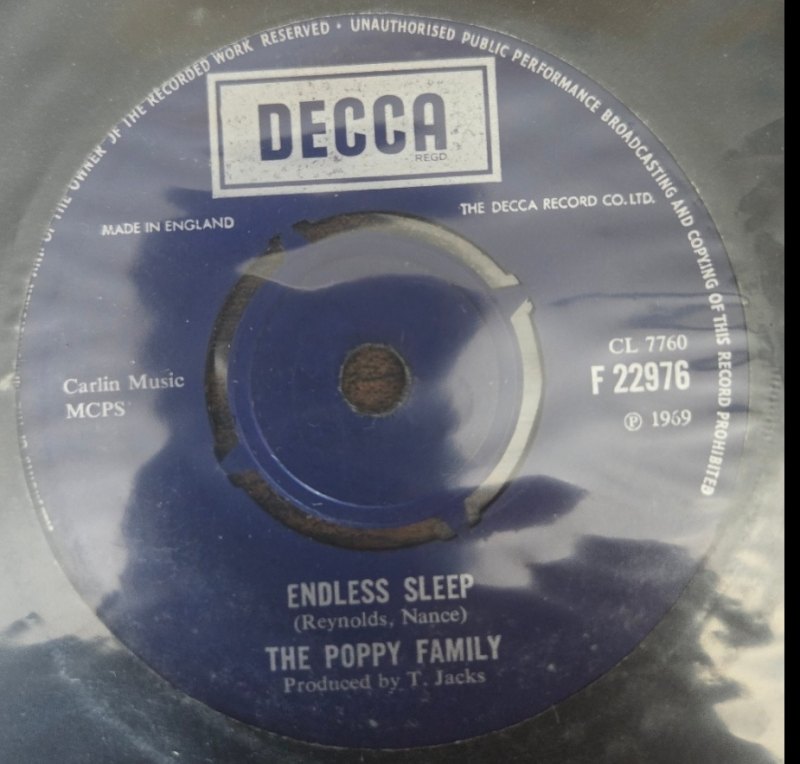 POPPY FAMILY — ENDLESS SLEEP / WHICH WAY YOU GOIN' BILLY record label scan