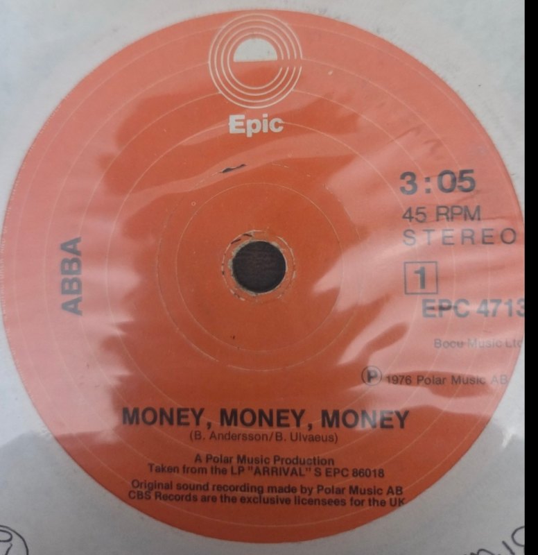 ABBA — MONEY, MONEY, MONEY / CRAZY WORLD record label scan