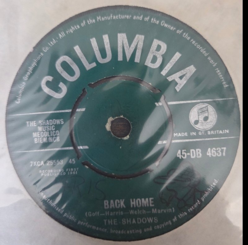 SHADOWS — BACK HOME / THE FRIGHTENED CITY record label scan