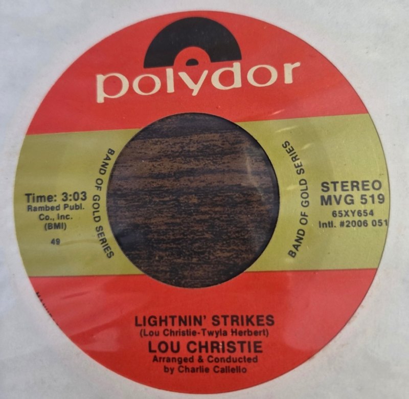 LOU CHRISTIE — LIGHTNIN STRIKES / RHAPSODY IN THE RAIN record label scan