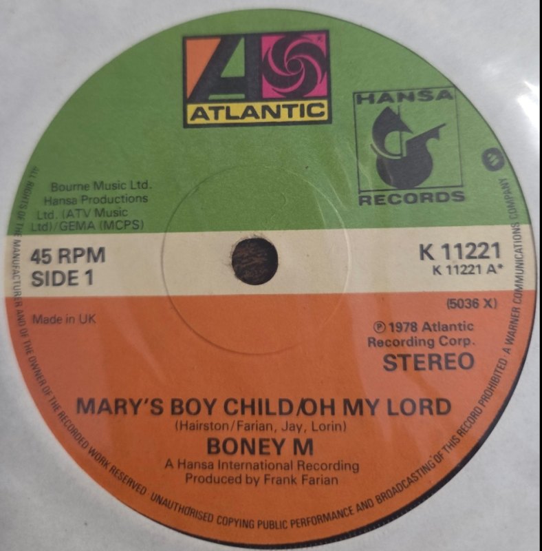 BONEY M — MARYS BOY CHILD / DANCING IN THE STREETS record label scan
