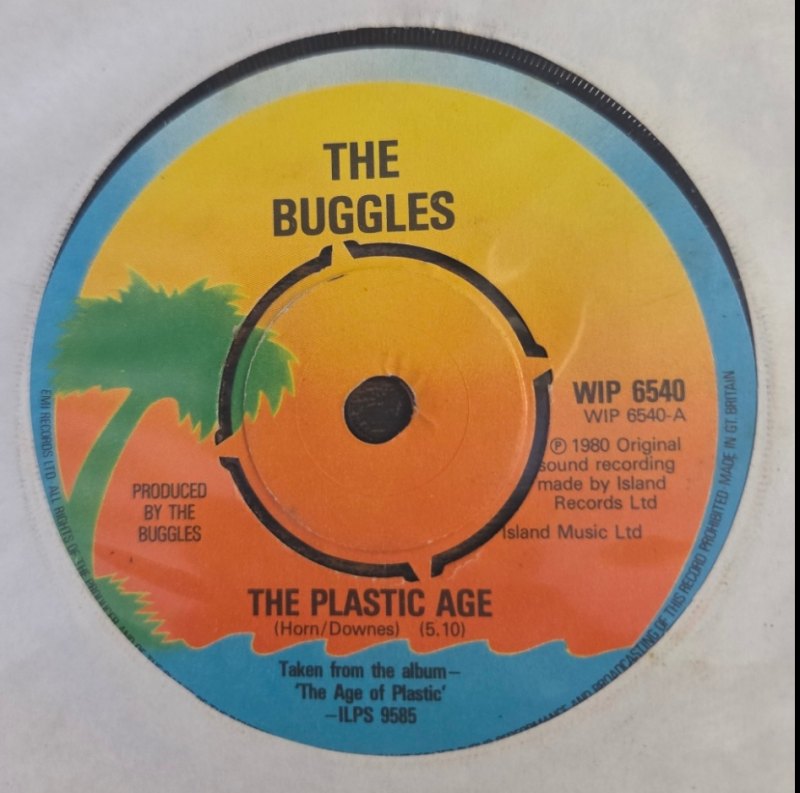 THE BUGGLES — THE PLASTIC AGE record label scan