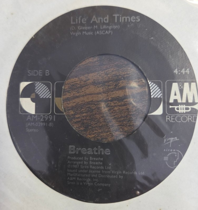 BREATHE — HANDS TO HEAVEN / LIFE AND TIMES record label scan