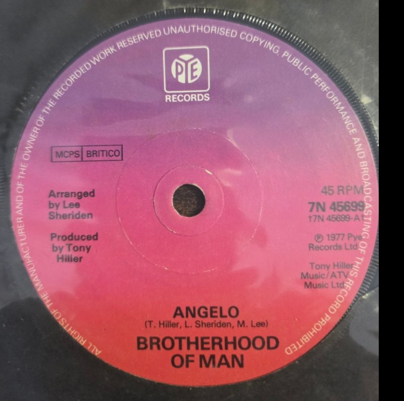 BROTHERHOOD OF MAN — ANGELO / ALL NIGHT record label scan
