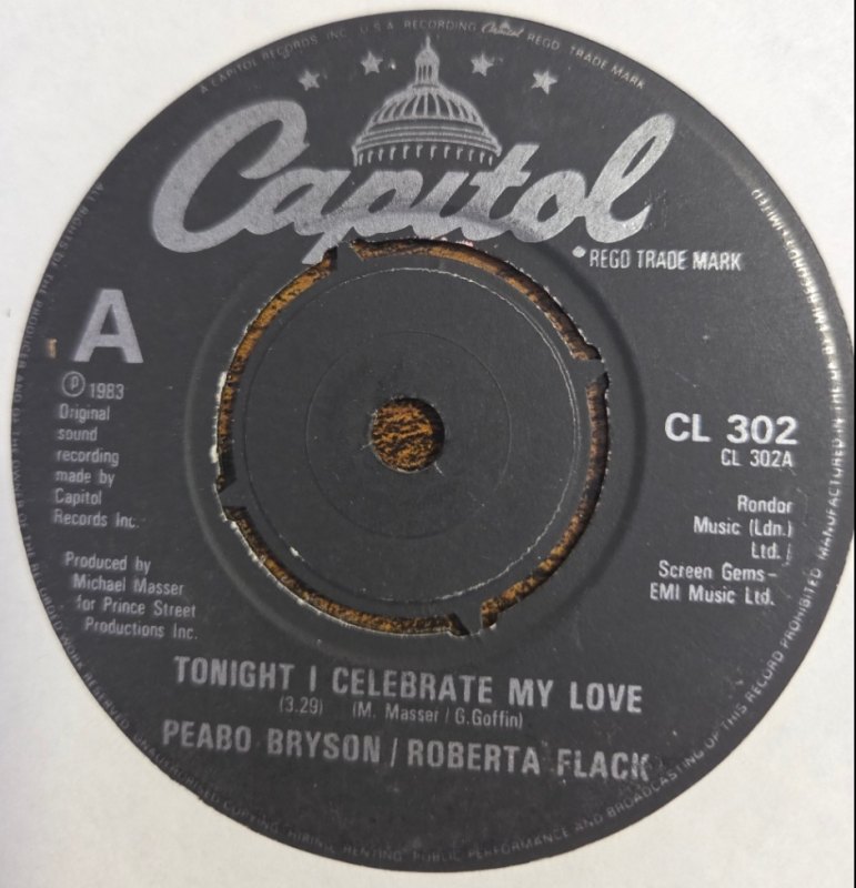 PEABO BRYSON AND ROBERTA FLACK — TONIGHT I CELEBRATE MY LOVE / BORN TO LOVE record label scan