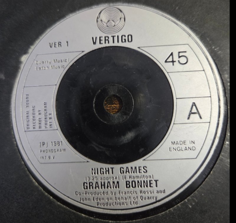 GRAHAM BONNET — NIGHT GAMES / OUT ON THE WATER record label scan