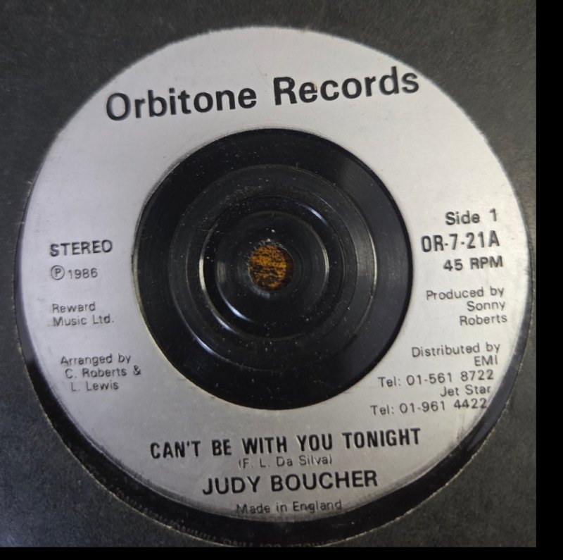 JUDY BOUCHER — CAN'T BE WITH YOU TONIGHT / DREAMING OF A LITTLE ISLAND record label scan