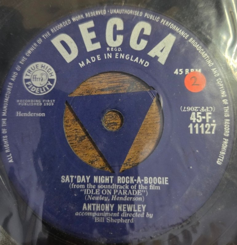 ANTHONY NEWLEY — I'VE WAITED SO LONG / SAT'DAY NIGHT ROCK A BOOGIE record label scan