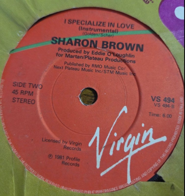 SHARON BROWN — SPECIALIZE IN LOVE / INSTRUMENTAL record label scan