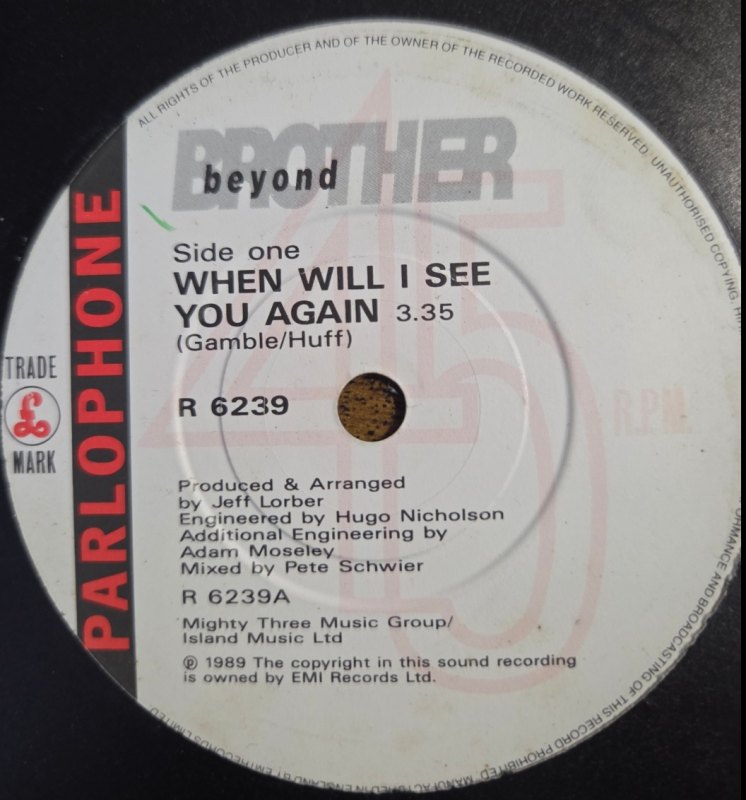 BROTHER BEYOND — WHEN WILL I SEE YOU AGAIN / NEW HEIGHTS record label scan