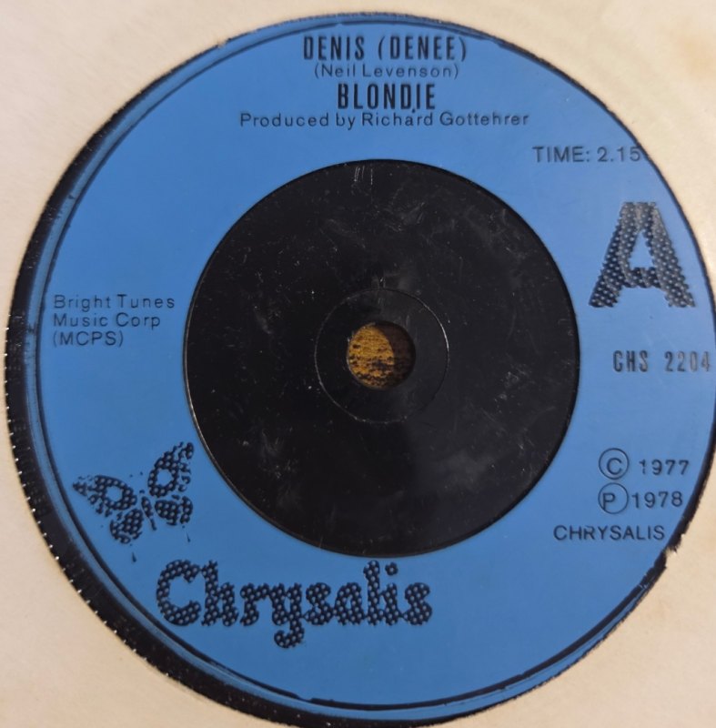 BLONDIE — DENIS / CONTACT IN RED SQUARE record label scan