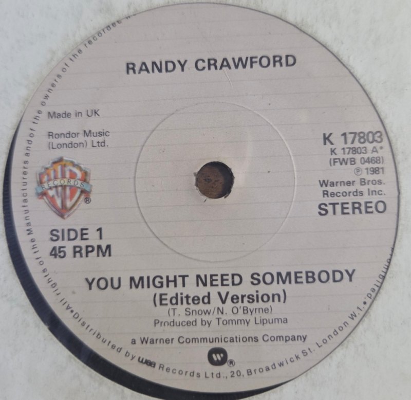 RANDY CRAWFORD — YOU MIGHT NEED SOMEBODY / YOU BRING THE SUN OUT record label scan