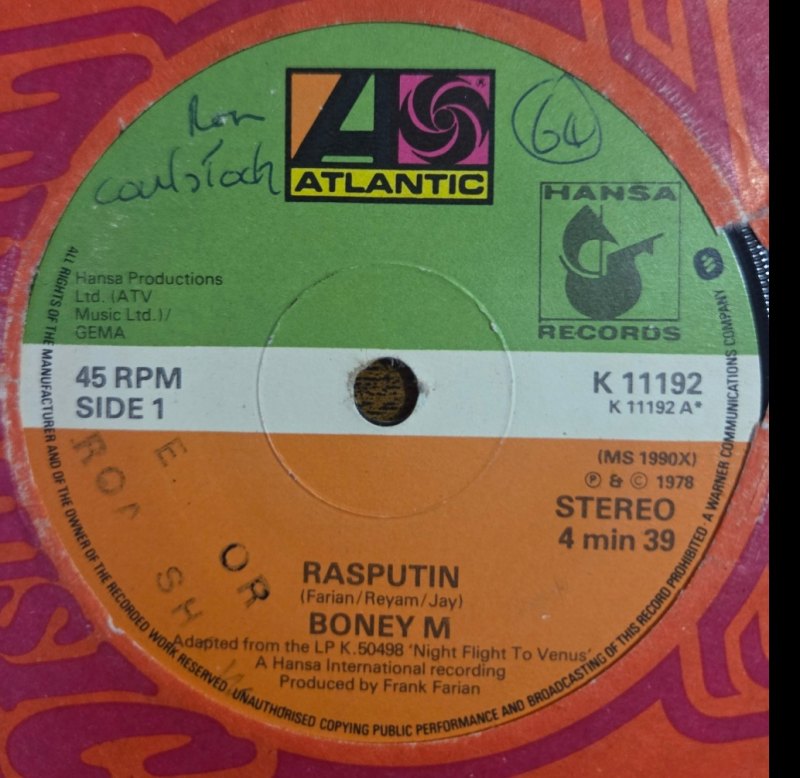 BONEY M — RASPUTIN / NEVER CHANGE LOVERS record label scan