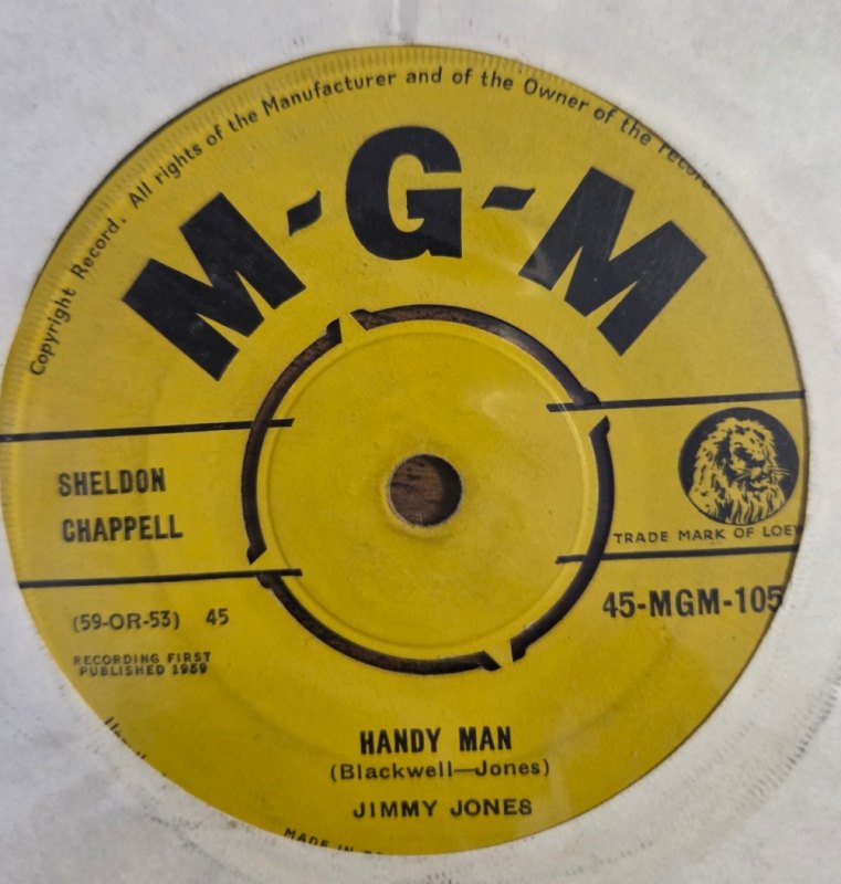 JIMMY JONES — HANDY MAN / THE SEARCH IS OVER record label scan