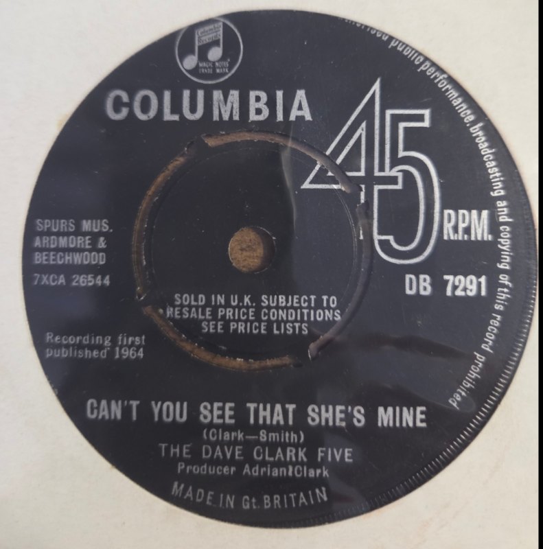 DAVE CLARK FIVE — CAN'T YOU SEE THAT SHES MINE / BECAUSE record label scan