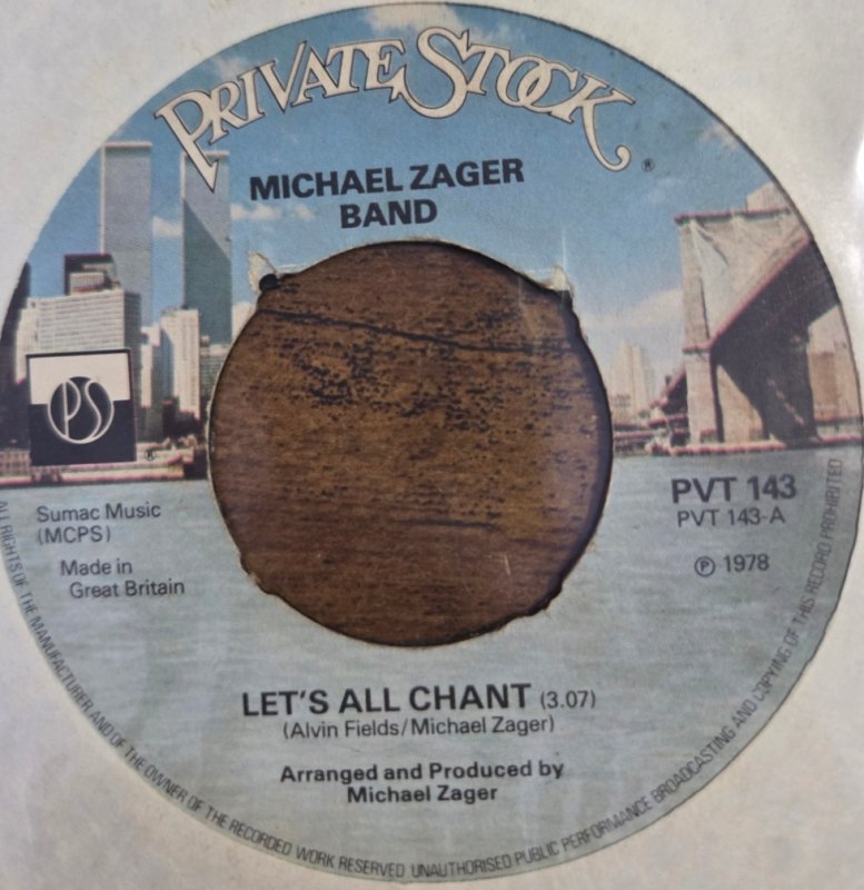 MICHAEL ZAGER BAND — LET'S ALL CHANT / LOVE EXPRESS record label scan