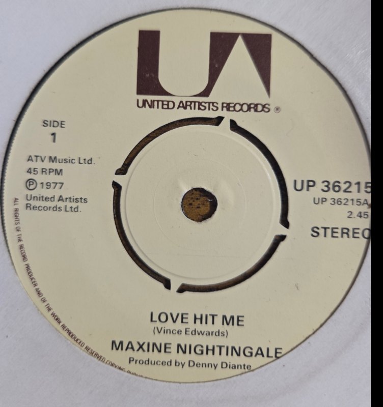 MAXINE NIGHTINGALE — LOVE HIT ME / LIFE HAS JUST BEGUN record label scan