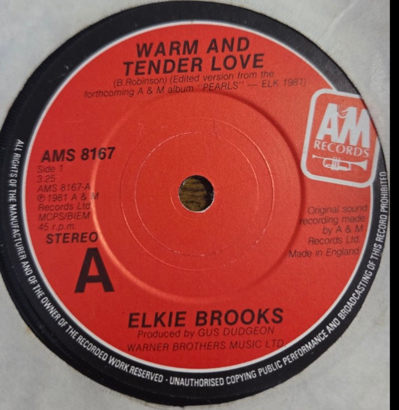 ELKIE BROOKS — WARM AND TENDER LOVE / THANK YOU FOR THE LIGHT record label scan
