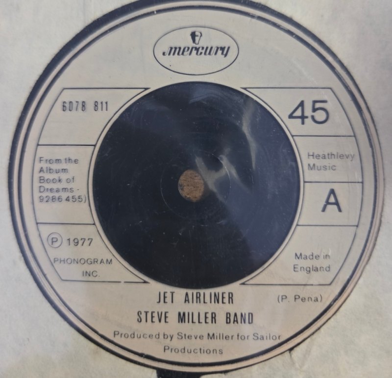 STEVE MILLER BAND — JET AIRLINER / BABES IN THE WOODS record label scan