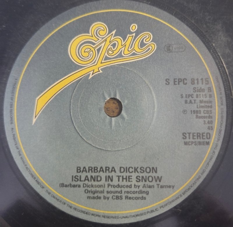 BARBARA DICKSON — JANUARY FEBUARY / ISLAND IN THE SNOW record label scan