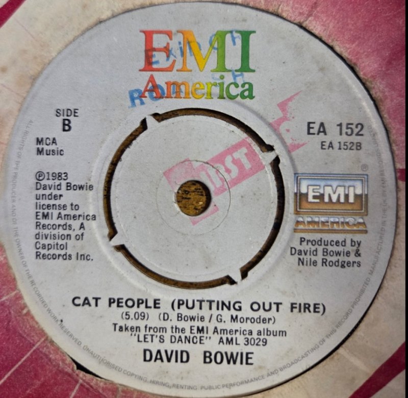 DAVID BOWIE — LETS DANCE / CAT PEOPLE record label scan