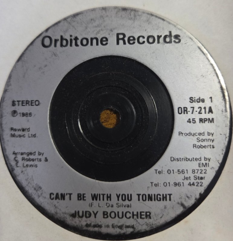 JUDY BOUCHER — CAN'T BE WITH YOU TONIGHT / DREAMING OF A LITTLE ISLAND record label scan