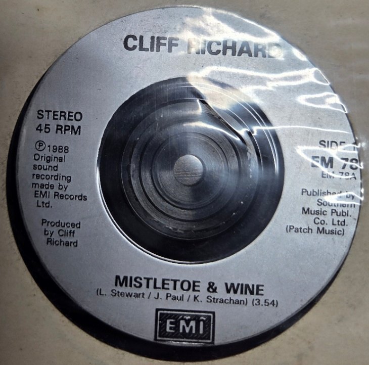 CLIFF RICHARD — MISTLETOE AND WINE / MARMADUKE / TRUE LOVE WAYS record label scan