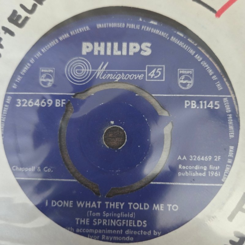 SPRINGFIELDS — DEAR JOHN / I DONE WHAT THEY TOLD ME TO record label scan