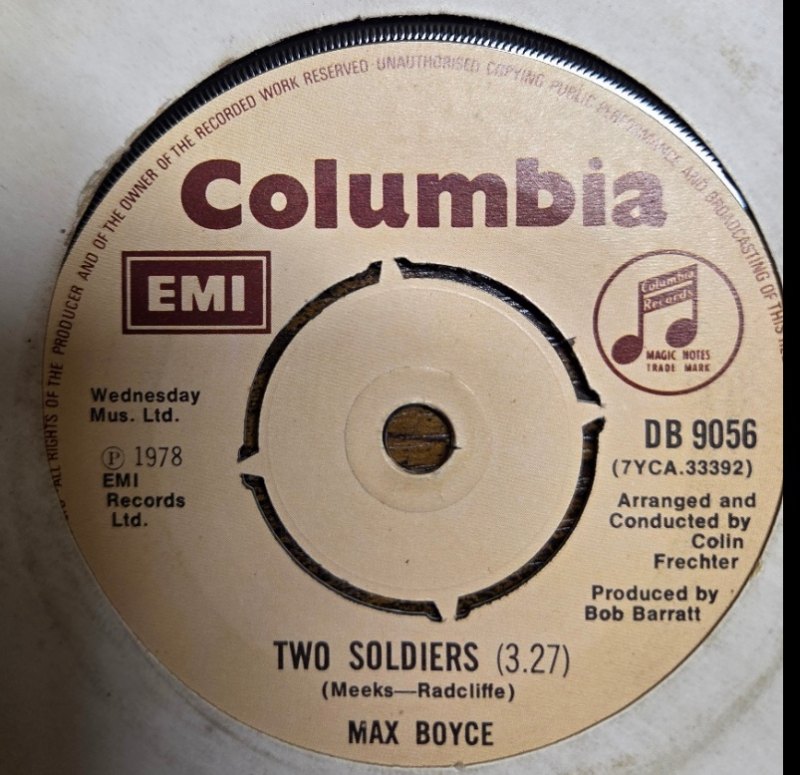 MAX BOYCE — THERE WERE MANY BABIES BORN / TWO SOLDIERS record label scan