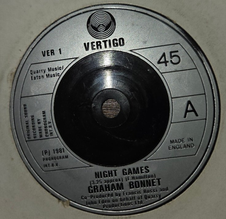 GRAHAM BONNET — NIGHT GAMES / OUT ON THE WATER record label scan