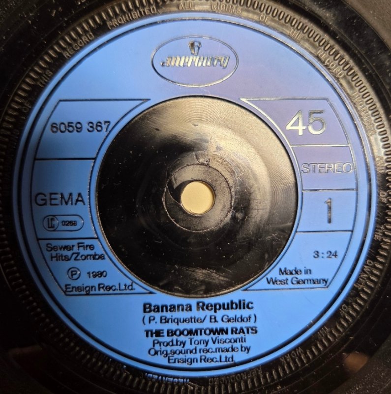 THE BOOMTOWN RATS — BANANA REPUBLIC / MAN AT THE TOP record label scan