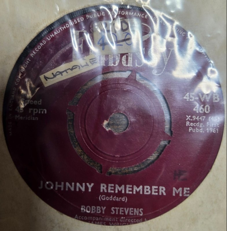 BOBBY STEVENS — JOHNNY REMEMBER ME / TIME record label scan