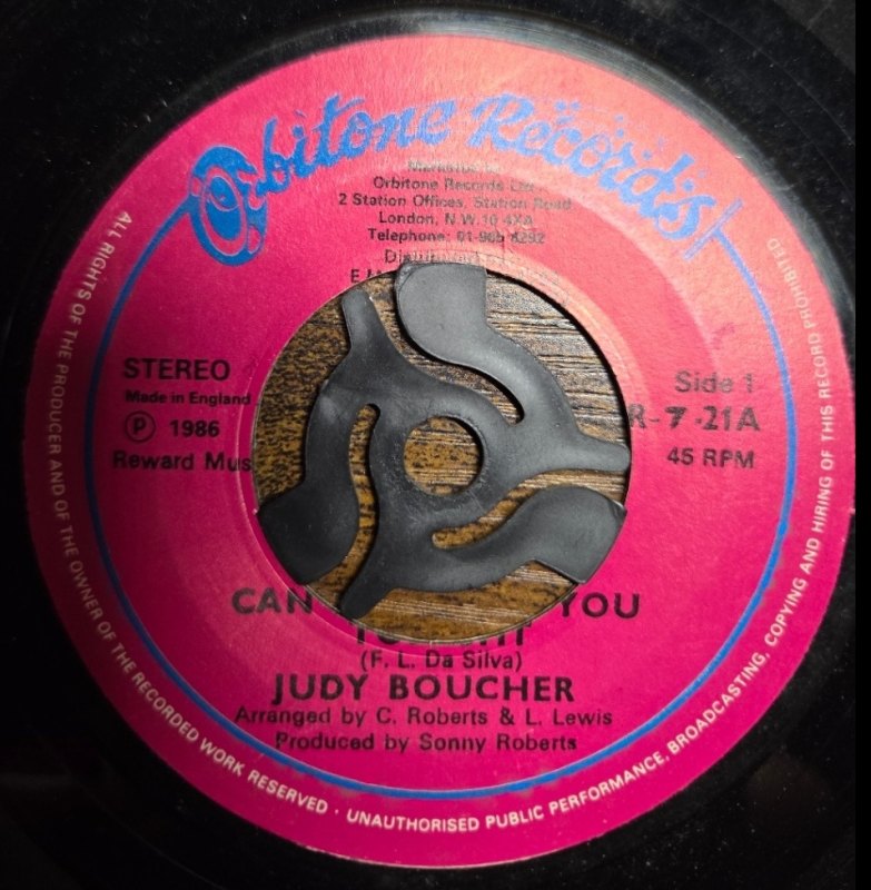 JUDY BOUCHER — CAN'T BE WITH YOU TONIGHT / DREAMING OF A LITTLE ISLAND record label scan