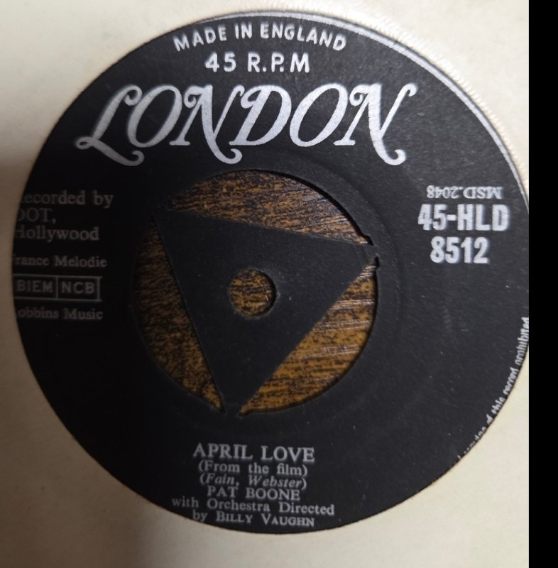 PAT BOONE — APRIL LOVE / WHEN THE SWALLOWS COME BACK record label scan